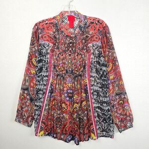 V Cristina Sheer Pleated Front Button Up Long Mock Neck Top Multicolor M